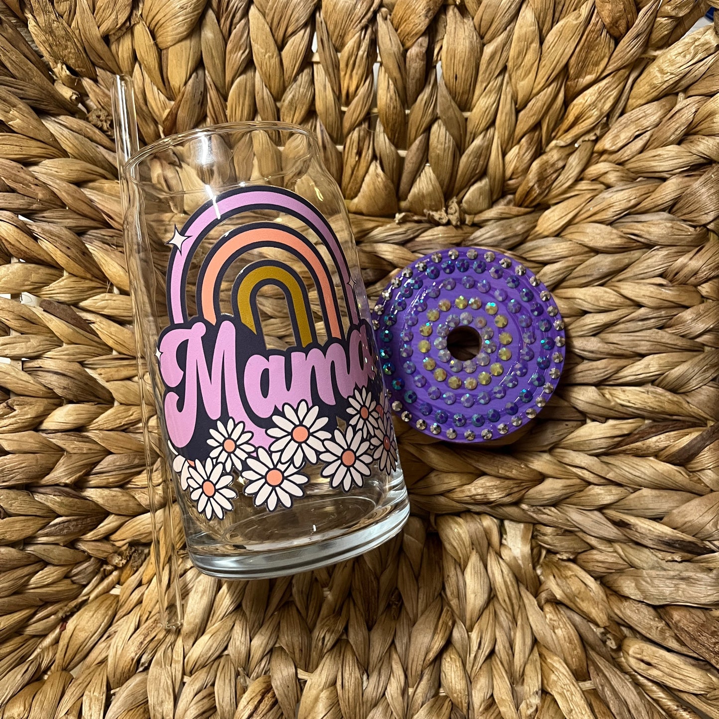 Mama Rainbow & Daisies 16oz Glass Can