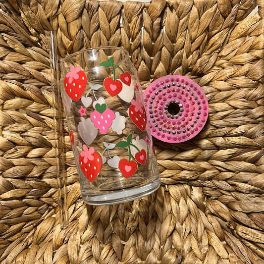 Strawberry & Hearts 16oz Glass Can